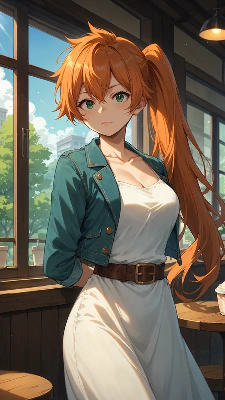 score_9,score_8_up,score_7_up,score_6_up, <lora:xl_more_art-full_v1:0.5>, source_anime, girl, dynamic pose, one arm behind her back, <lora:Itsuka Kendo (Battle Fist) - Pony-000004:0.8>, long hair, orange hair, side ponytail, green eyes, denim jacket, white sundress, brown belt, cafe, large window, light rays,