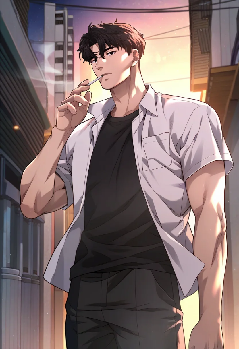 1boy, male focus, solo,
<lora:Character - Questism - Gu_HajunPony-10 (2):1> guhajun, short hair, black hair, black eyes, muscular, muscular male
((zPDXL)), score_9_up, score_8_up, score_7_up, score_6_up, score_5_up, score_4_up, best quality, amazing quality, best aesthetic, absurdres, year2023, uncensored, nsfw, official art, official style, depth of field, detailed eye,
outdoors, night, alley, school uniform, open shirt, t-shirt, smoking,