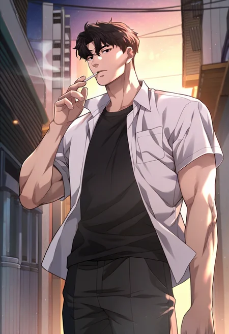 1boy, male focus, solo,
<lora:Character - Questism - Gu_HajunPony-10 (2):1> guhajun, short hair, black hair, black eyes, muscular, muscular male
((zPDXL)), score_9_up, score_8_up, score_7_up, score_6_up, score_5_up, score_4_up, best quality, amazing quality, best aesthetic, absurdres, year2023, uncensored, nsfw, official art, official style, depth of field, detailed eye,
outdoors, night, alley, school uniform, open shirt, t-shirt, smoking,