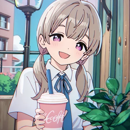score_9, score_8_up, score_7_up BREAK MCafeGirl, 1girl, light brown hair with pink accents, pigtails, purple eyes, short-sleeve white shirt, blue ribbon tie, pleated blue skirt, closeup, happy, drinking purple coffee,