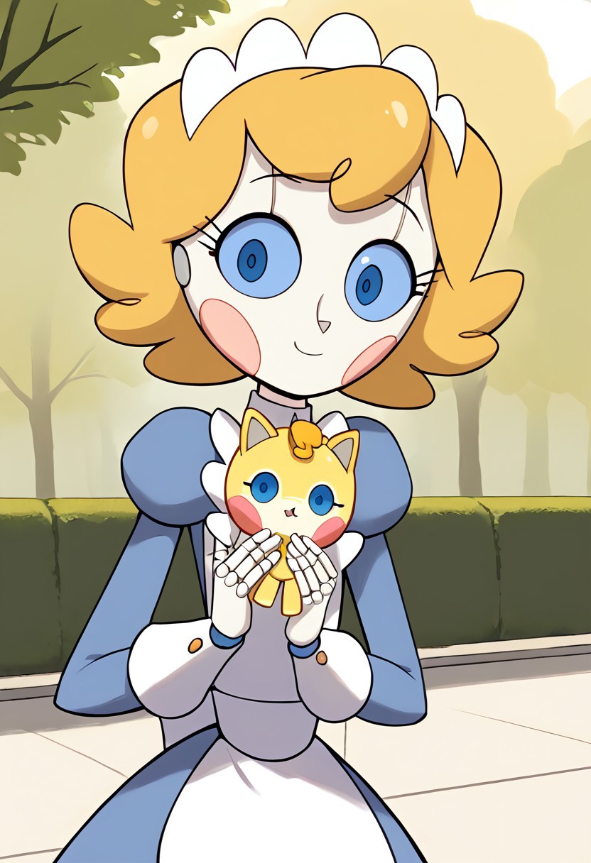 1girl, score_9, score_8_up, score_7_up, Amy, Android, Blonde Hair, Blue Eyes, Maid Headdress, Apron, Maid Uniform, Short Hair, Long Sleeves, Juliet Sleeves, Blush Stickers, Android, Joints, outdoors, park, super cute, holding cat, looking at viewer, wholesome, detailed, masterpiece, perfect hands