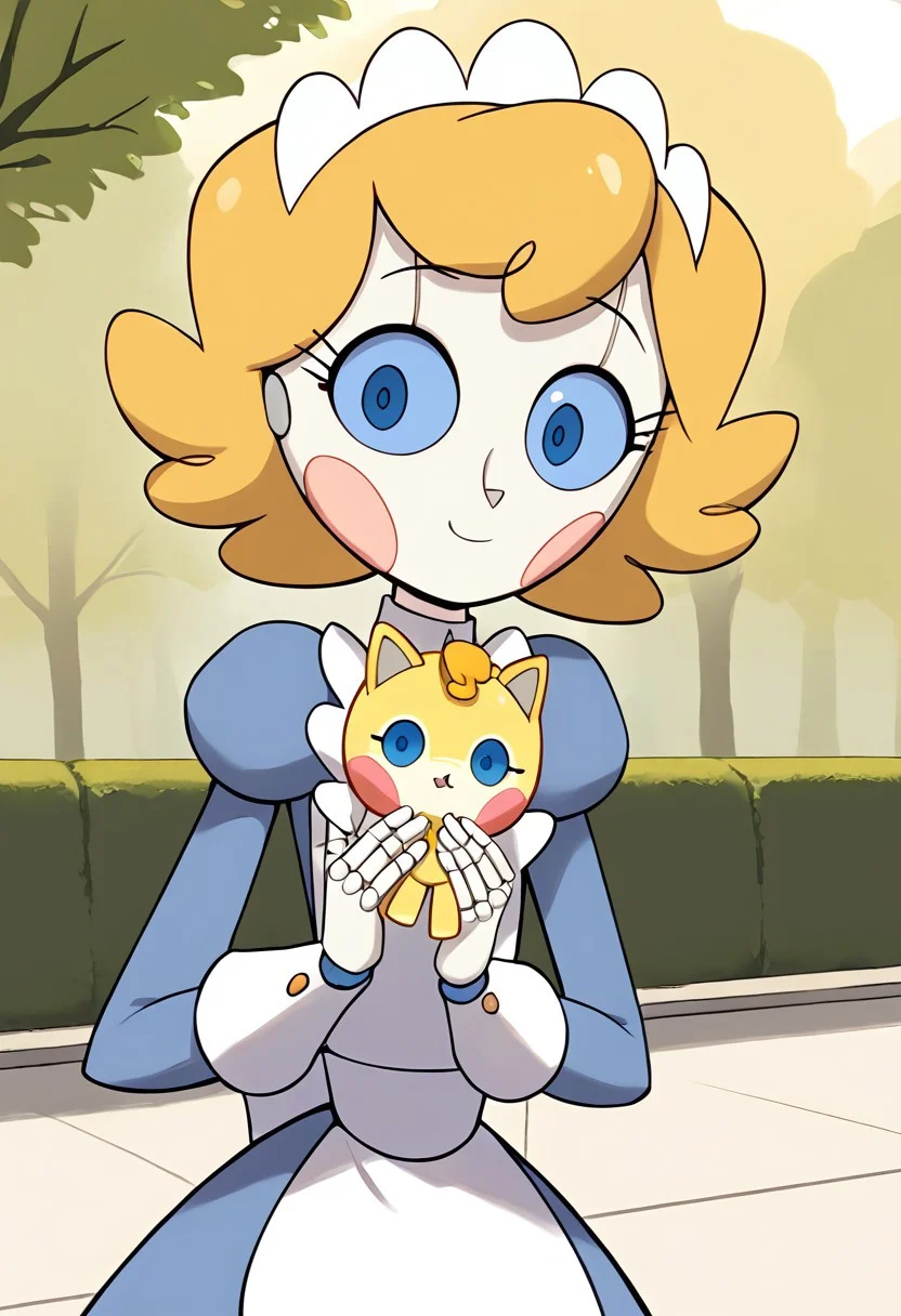 1girl, score_9, score_8_up, score_7_up, Amy, Android, Blonde Hair, Blue Eyes, Maid Headdress, Apron, Maid Uniform, Short Hair, Long Sleeves, Juliet Sleeves, Blush Stickers, Android, Joints, outdoors, park, super cute, holding cat, looking at viewer, wholesome, detailed, masterpiece, perfect hands