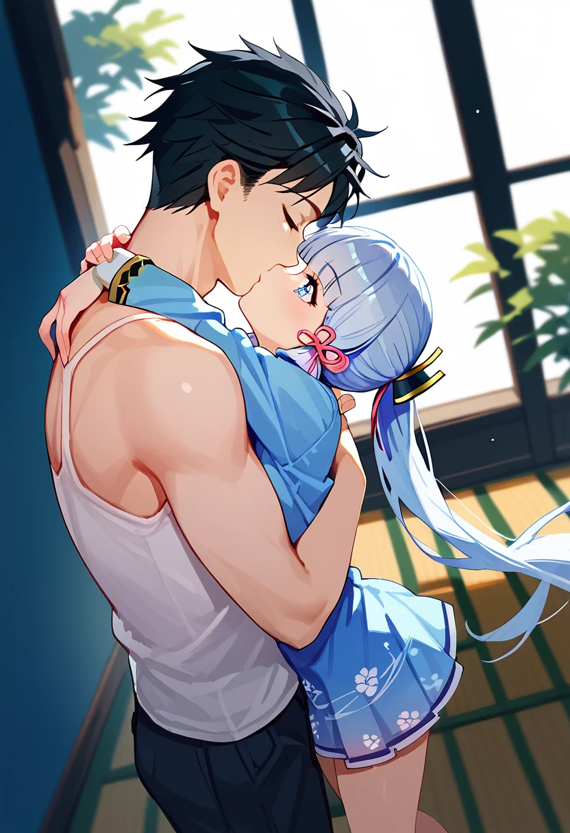 score_9, score_8_up, score_7_up, 1girl, 1boy, deep kiss, head tilt ,kiss, hug, <lora:deep_kiss_v2:1>, kamisato_ayaka_\(springbloom_missive\), high angle