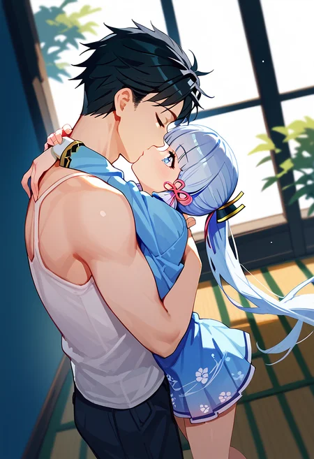 score_9, score_8_up, score_7_up, 1girl, 1boy, deep kiss, head tilt ,kiss, hug, <lora:deep_kiss_v2:1>, kamisato_ayaka_\(springbloom_missive\), high angle