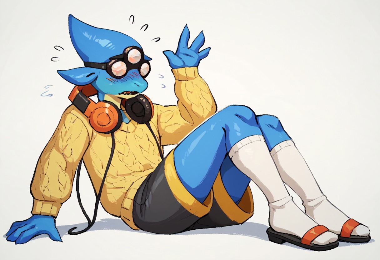 score_9, score_8_up, score_7_up, score_6_up, score_5_up, score_4_up, source_furry, source_anime, starbound, gmmq, zibj, hylotl, koichi \(starbound\), humanoid, marine, anthro, solo, clothing, footwear, socks, male, topwear, mammal, sweater, hi res, simple background, blue body, bottomwear, clothed, yellow topwear, shorts, white background, eyewear, legwear, traditional media \(artwork\), blue skin, shirt, sandals, (3 eyes, goggles, opaque glasses:1.1), light blue body, countershading, multicolored body, eyes, looking at viewer, headphones, pose, 19 years old, adult, nervous, small blush, anime style, hylotl
<lora:koichi-starbound_ponyv6_v1:1>aaa