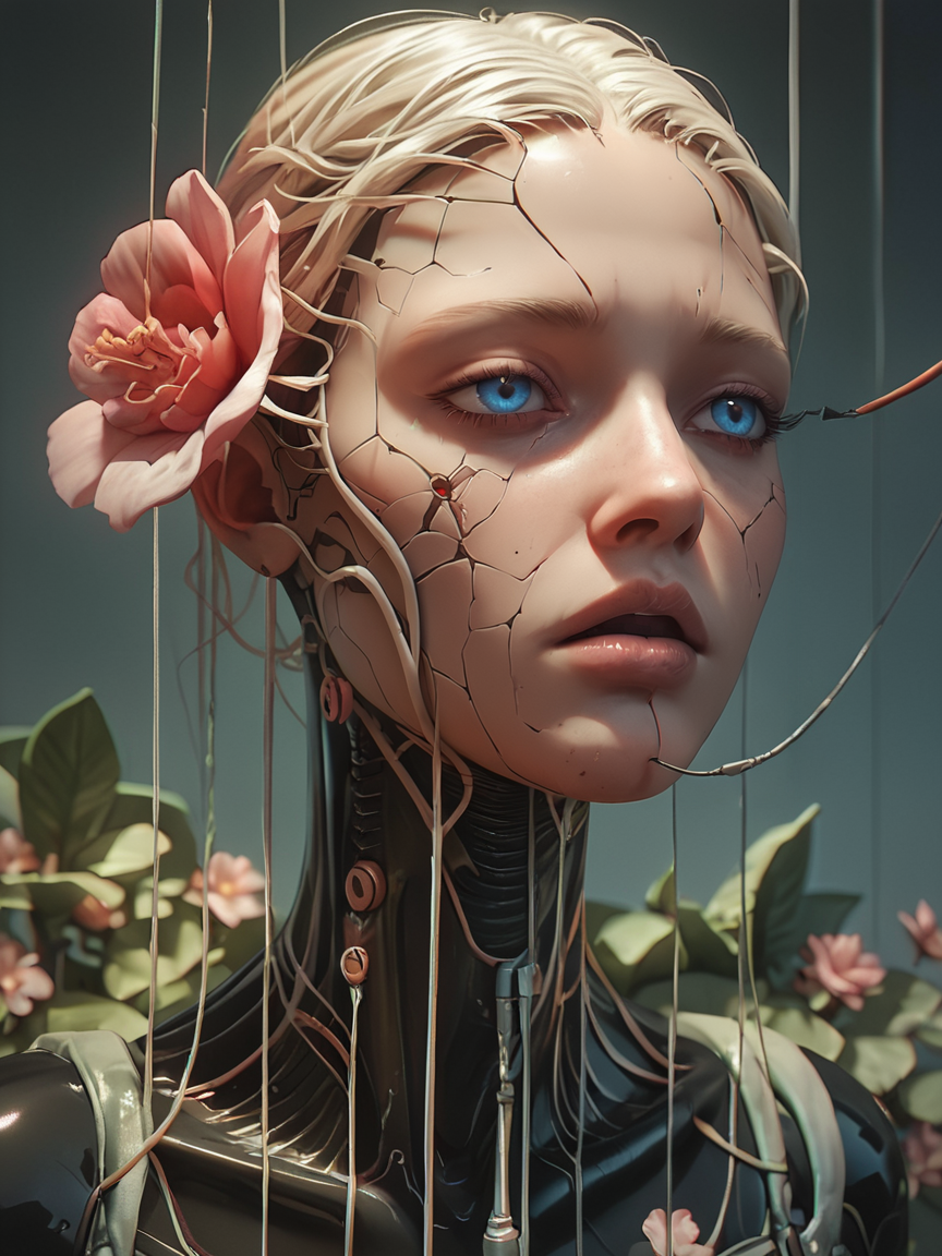 score_9, score_8_up, score_7_up, score_6_up, score_5_up, score_4_up,   <lora:cr34tur3g0r3XLP:0.8> cr34tur3g0r3, 1girl, flowers, latex, cyborg, wires, broken, blue eyes, robot