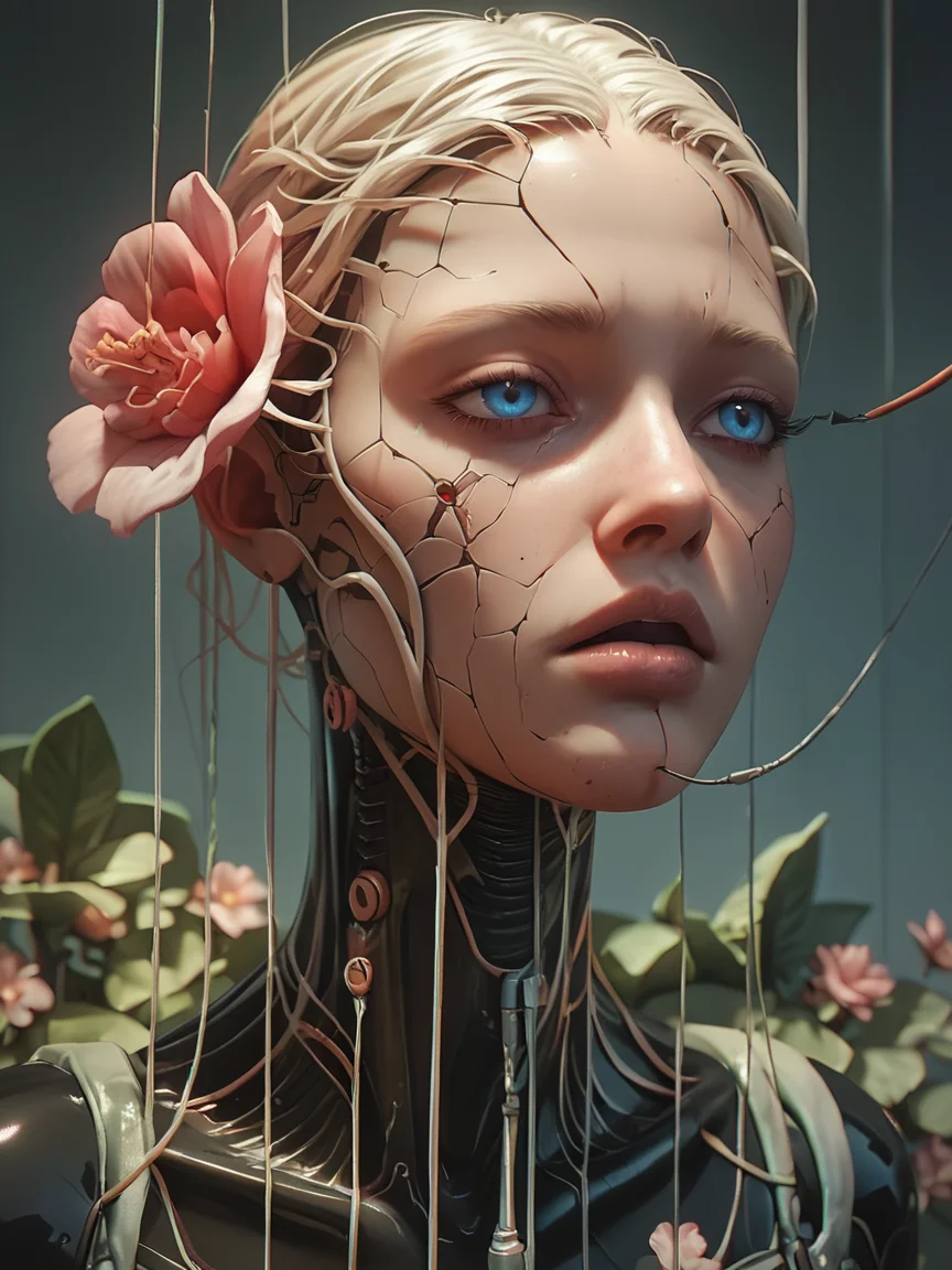 score_9, score_8_up, score_7_up, score_6_up, score_5_up, score_4_up, <lora:cr34tur3g0r3XLP:0.8> cr34tur3g0r3, 1girl, flowers, latex, cyborg, wires, broken, blue eyes, robot
