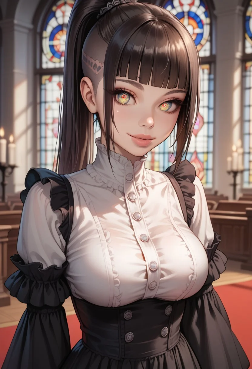 Mika, Mikado, (Score_9_up, Score_8_up, Score_7_up, ((Masterpiece, Best_Quality, Highest_Resolution, (Skindentation), Extremely_Detailed, Detailed_eyes, Depth_of_field)),
((Beautiful and sexy detailed eyes, Detailed dark iris, Detailed hair strands, (asymmetric cut, long hair, high ponytail hair), (Perfect and natural lips, glossy lips, soft smile), Round cute face )), (wearing Jedgthd, gothic dress, black lace , high neck, long ruffled sleeves, silver buttons, large soft breasts), Dynamic angle of her beautiful body, pale skin, ), standing in front of large stained glass church window, Sexy expression her face