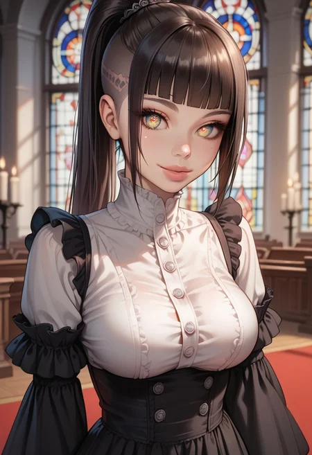 Mika, Mikado, (Score_9_up, Score_8_up, Score_7_up, ((Masterpiece, Best_Quality, Highest_Resolution, (Skindentation), Extremely_Detailed, Detailed_eyes, Depth_of_field)),
((Beautiful and sexy detailed eyes, Detailed dark iris, Detailed hair strands, (asymmetric cut, long hair, high ponytail hair), (Perfect and natural lips, glossy lips, soft smile), Round cute face )), (wearing Jedgthd, gothic dress, black lace , high neck, long ruffled sleeves, silver buttons, large soft breasts), Dynamic angle of her beautiful body, pale skin, ), standing in front of large stained glass church window, Sexy expression her face