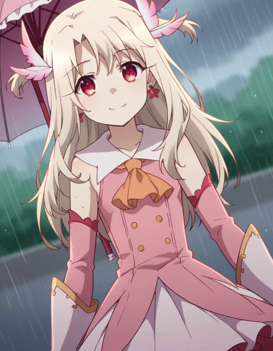 score_9, score_8_up, score_7_up, source_anime, <lora:illyasviel-von-einzbern-prisma-s2s3-ponyxl-lora-nochekaiser:1>,, illyasviel von einzbern, long hair, blonde hair, red eyes, parted bangs,, hair ornament, gloves, dress, jewelry, earrings, detached sleeves, ascot, magical girl, feathers, pink dress, feather hair ornament, prisma illya,, rainy day, umbrella, walking home, puddles, wet hair, smile, looking at viewer, hand holding a cup, solo,, cowboy shot, dutch angle