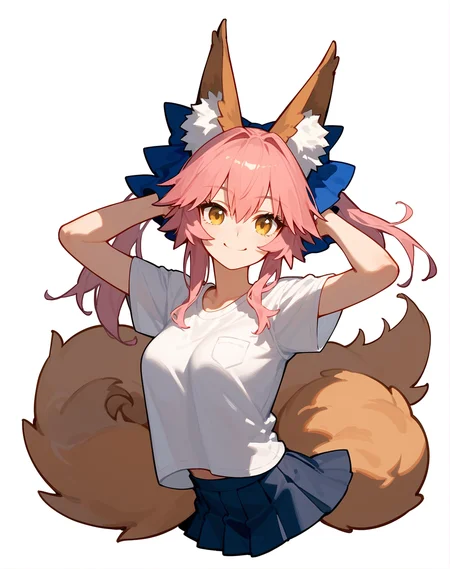 (score_9,score_8_up,score_7_up,),score_9,score_8_up,score_7_up,
upper body,1girl,solo,white shirt,shirt flipping out,pleated skirt,tamamo no mae \(fate/extra\),fox ears,fox tail,pink hair,yellow eyes,breasts,light smile,Fluttering tops,full body
(white background),