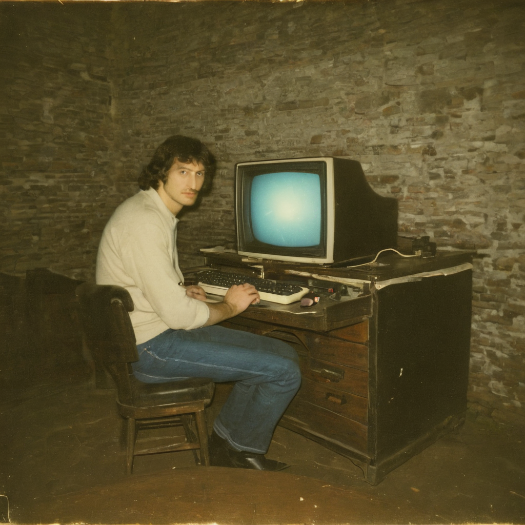 (a polaroid film photography:1.2) of a man, sitting infront of an very old computer, computer screen is showing a really old game, grainy photo, faded film, soft focus