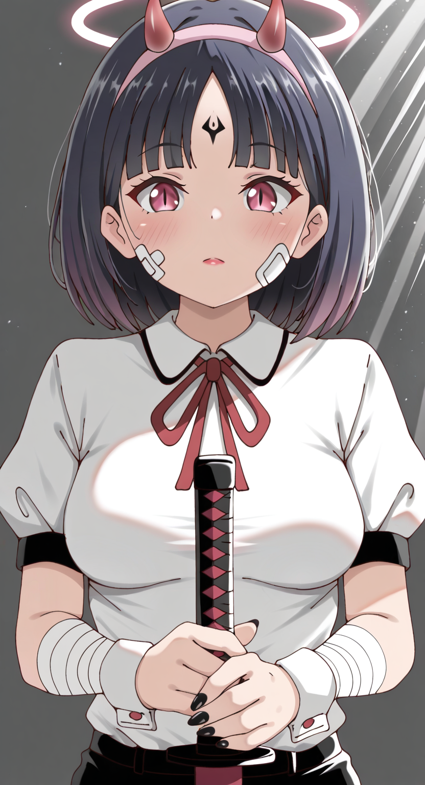 masterpiece, cute, lovely, newest, absurdres, (best quality:1.3), amazing quality, very aesthetic, 1girl, solo, high_resolution, hq, 4k, BREAK. high gradient eyes, very cute, light particles, cute details, cute colors, mature woman, (Poa_Mellhen_Style), oni, oni horns, dark blue hair, straight hair, blunt bangs, pink eyes, slit pupils, (medium breasts:1.2), sagging_breasts, BREAK,  bandaid on face, bandaid, bandaid on cheek, forehead mark, parted lips, wrist cuffs, neck ribbon, short sleeves, fingernails, shirt, hairband, puffy short sleeves, puffy sleeves, shorts, t-shirt, bandages, sheath, sword, solo, holding, simple background, grey background, upper body, halo, facial mark, nail polish, closed mouth, red ribbon, black nails, bandaged arm, holding weapon, light frown, light rays, pink hairband, red lips, scabbard, weapon, white shirt, masterpiece, best quality, very aesthetic, intricate details, vivid colors, smooth shading, dynamic lighting, professional illustration, soft gradients, balanced composition, elegant pose, high-resolution, sharp focus, 8k, hdr, crisp lines, perfect lighting, sharp eyes, detailed eyes, highly detailed