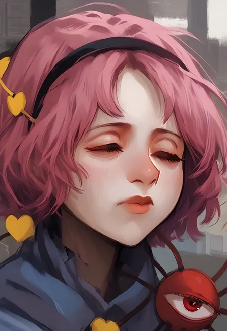 <lora:disco_elysium_v1_pruned:1>, thick outlines, <lora:komeiji_satori_image6571_2023-12-17-000006:1>, painting, painting_\(medium\), painterly, faux traditional media, portrait, artistic, standing in front of window, (mosaic window in background:1.5), side view, facing right, looking ahead, high window, 1girl, solo, touhou, satori, komeiji satori, thin lips, pink hair, short hair, heavy bags under eyes, closed eyes, (eyes closed:1.5), head lowered, black hairband, heart hair ornament,
upper_body, frilled_shirt_collar, long_sleeves, looking at someone, (third eye:1.5), third eye floating, third eye open, bloodshot third eye, third eye staring,
frown, sad mouth,