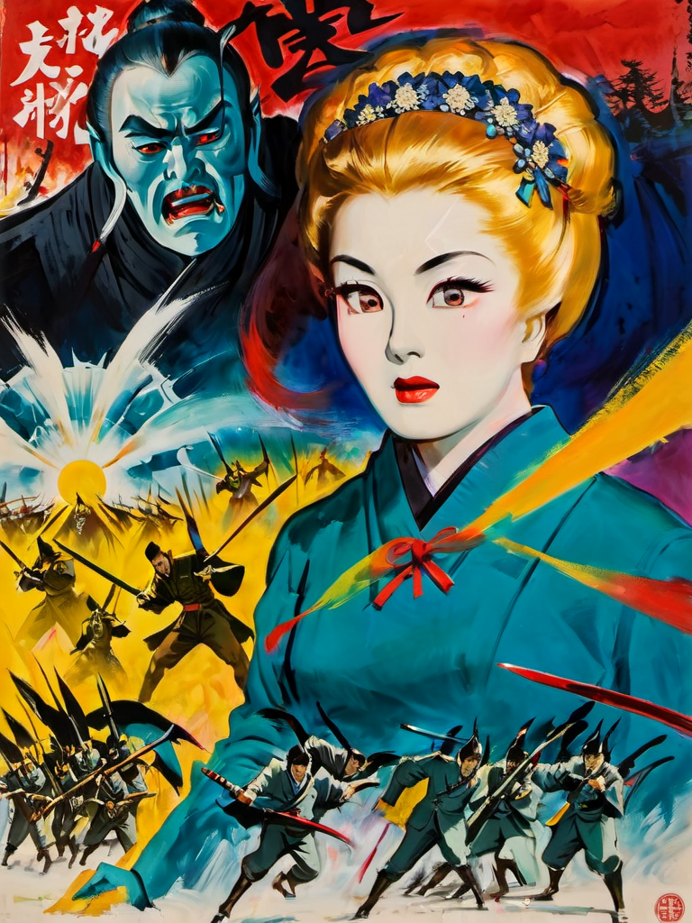 abstract expressionist painting 1960s Japan movie poster, the last empress fights the undead and  vampires, credits text, <lora:Rafael_DeSoto:1.0> . energetic brushwork, bold colors, abstract forms, expressive, emotional