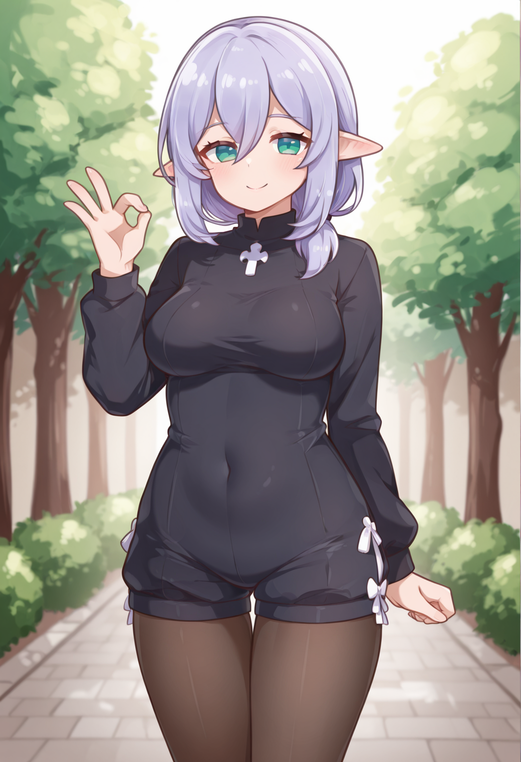 (detailed background:1.1), thick outlines, outdoors,
BREAK
(1girl, solo:1.2), (purple hair, medium hair, cyan eyes, low ponytail, hair between eyes, pointy ears), smile, standing, ok sign,
BREAK
romper, pantyhose
BREAK
(medium breasts, mature female:1.3), 
<lora:Suimizu_Style_Ilustrious:1>