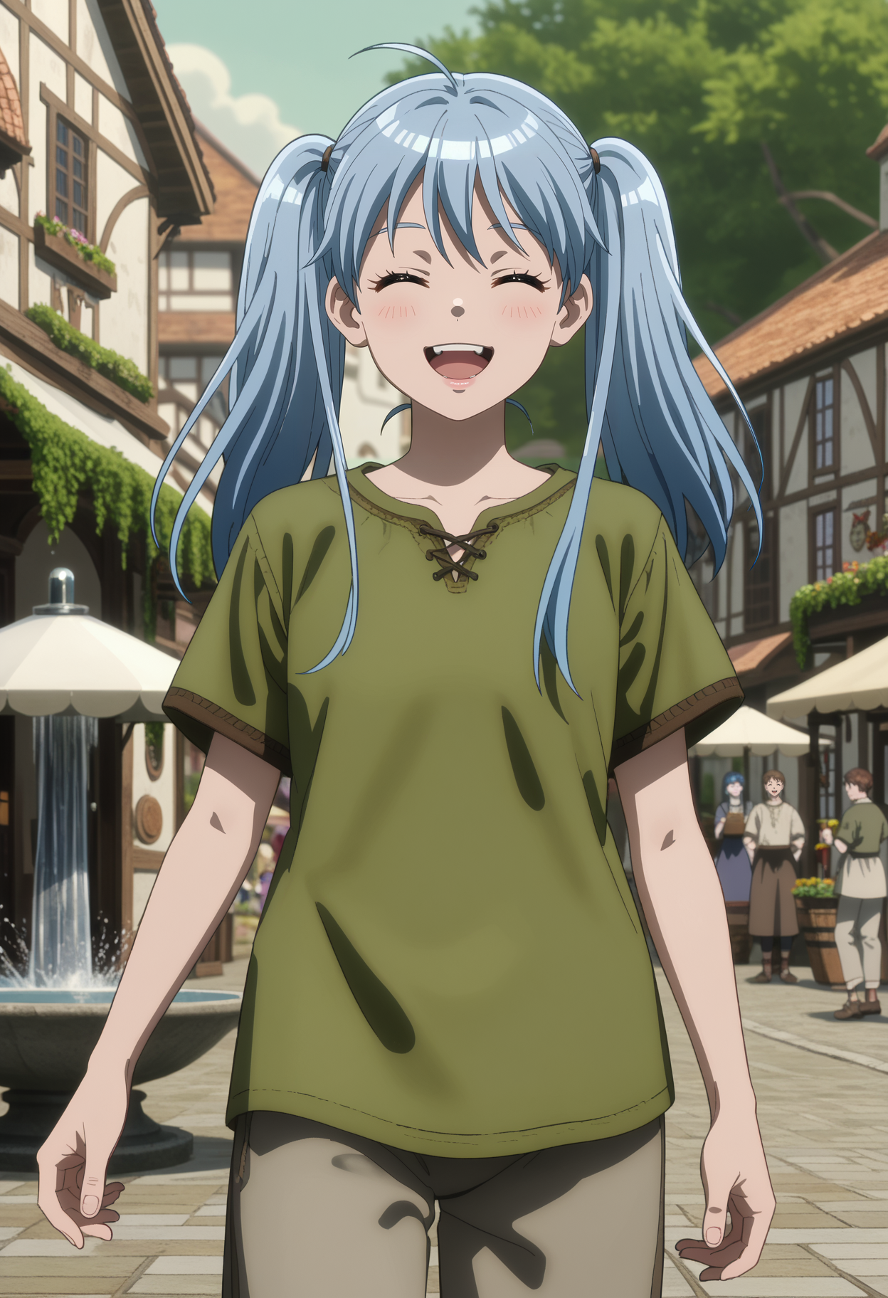score_7_up, anime screencap,
<lora:BenriyaSaitou-San_LafanpanXL:0.9>,
1girl, solo, open mouth, smile, teeth,
blue hair, closed eyes, twintails, ahoge,
LafanpanHuman, t-shirt, green shirt, short sleeves, grey pants,
standing, looking at viewer,
blurry background, medieval, street, fountain