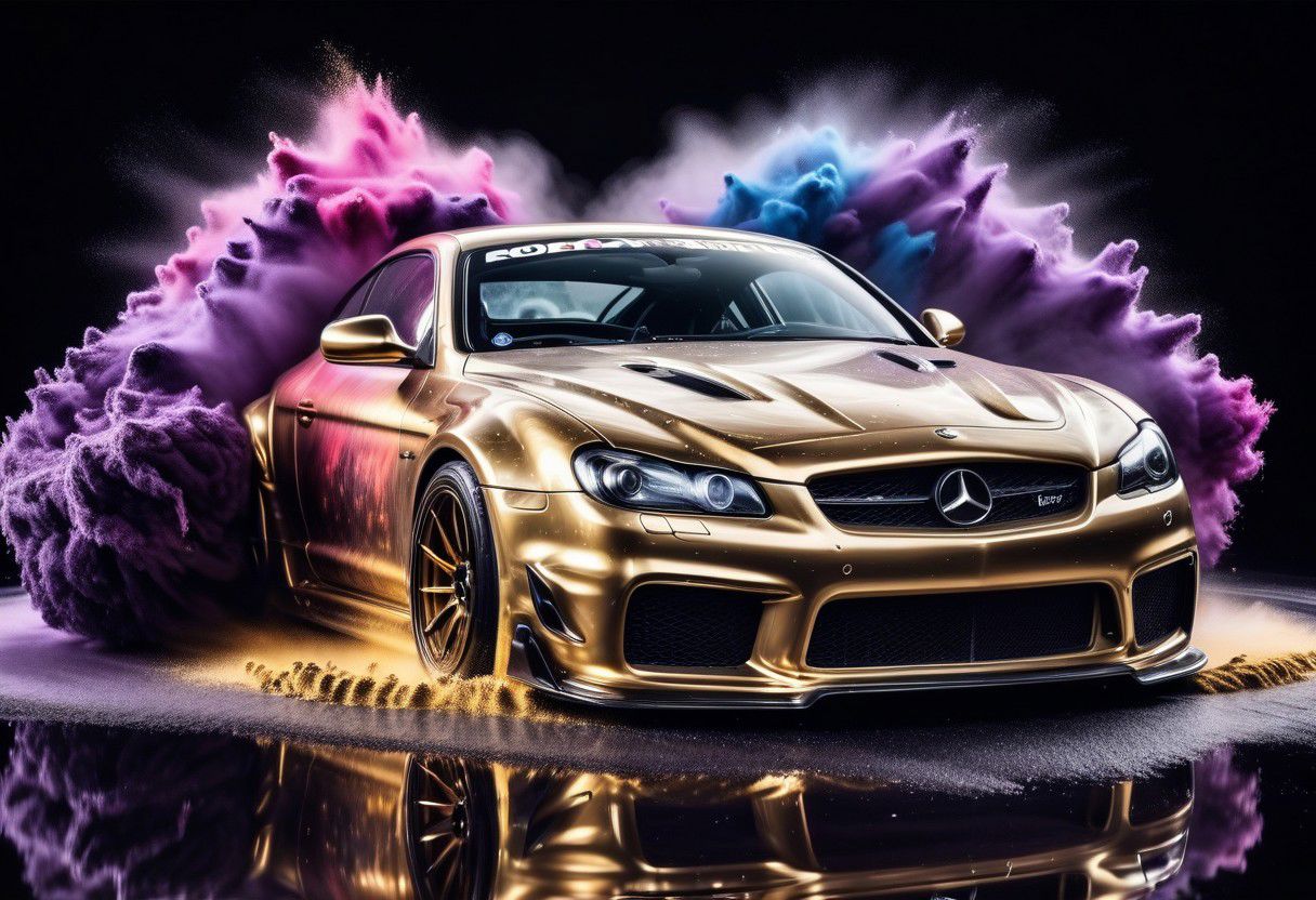 GOLD LIQUID METAL sports car, race car, racing through SILVER LIQUID METAL, liquid metal sprays up from the cars tyres, Car drifting in a black void, huge colourful powder Explosion above the car