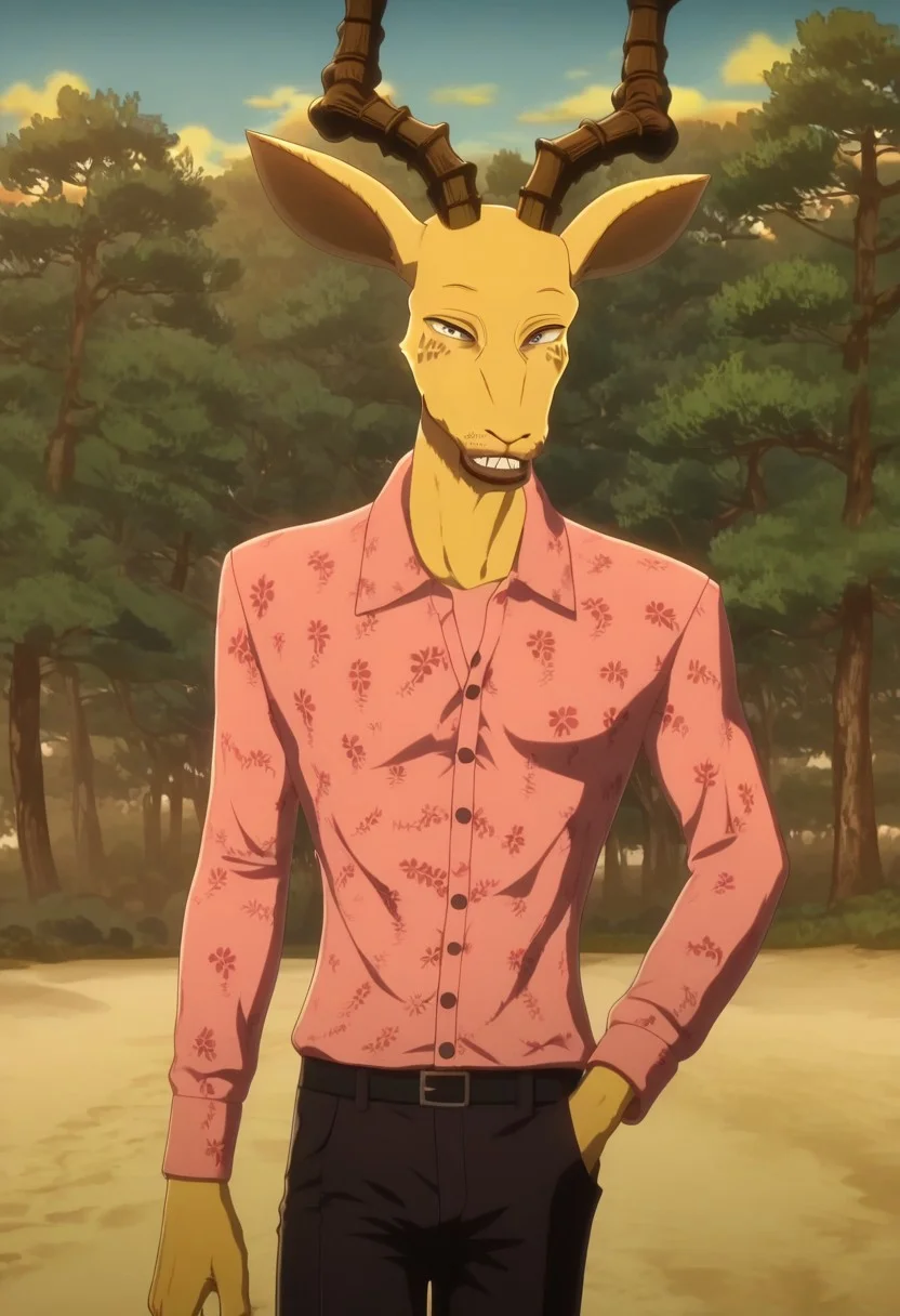 score_9_up, score_8_up, score_7_up, Masterpiece, best quality, high quality, detailed, male, solo male, 1boy, MelonBeastars, anthro, mature male, antlers, animal ears, light yellow body, black eyes, beastars, broad shoulders, looking at viewer, smiling, pink shirt, black pants, outdoors, beach, standing, gun in hand, walking, trees in background