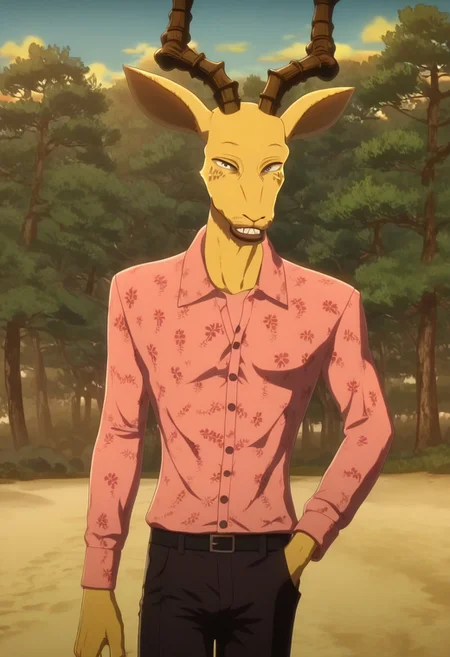score_9_up, score_8_up, score_7_up, Masterpiece, best quality, high quality, detailed, male, solo male, 1boy, MelonBeastars, anthro, mature male, antlers, animal ears, light yellow body, black eyes, beastars, broad shoulders, looking at viewer, smiling, pink shirt, black pants, outdoors, beach, standing, gun in hand, walking, trees in background