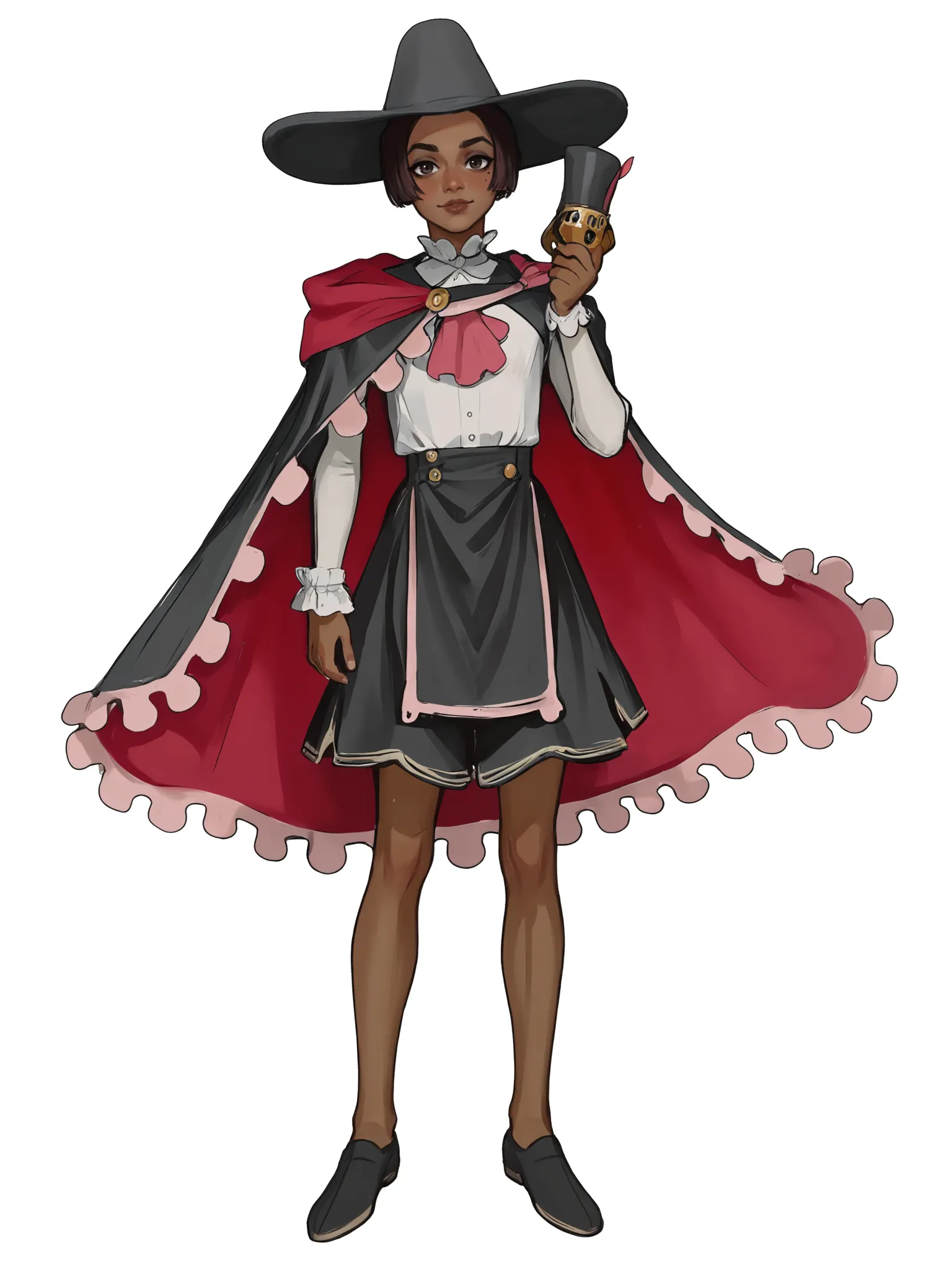 1boy, femboy, flat chest, looking back at viewer, standing, (score 9 up, score 8 up, highest score, highest quality), extreme detail, western art,
black headwear, dark skin, looking at viewer, short hair, black footwear, cape, shoes,dark-skinned female, brown hair
 <lora:[mossacannibalis] Experimental 1 image 40 Repeat 10 Epochs Lora Style Specific Image 162 Experiment PonyXL:.9>