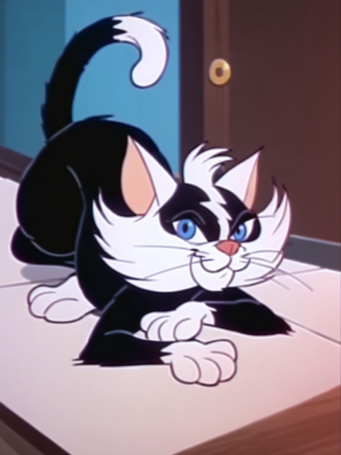 score_9, score_8_up, score_7_up, cat, smile, looking at viewer, full body, room,
 <lora:ASebastian_character:0.85>, SebastianXLP, no humans, white fur, black fur, blue eyes, whiskers, animal, solo, cartoon, anime screencap,