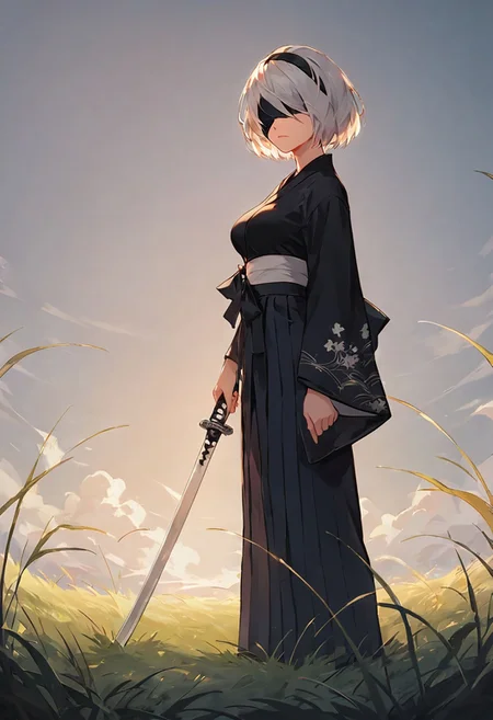score_9, score_8_up, score_7_up, score_6_up, Masterpiece, beautiful, perfect face, sexy, YoRHa No.2 Type B (Nier Automata, white hair, medium hair, covered eyes, black hairband, black blindfold, kimono, hakama pants, medium breasts, (curvy), serious), standing, holding katana, holding scabbard, (((tall grass))), clearing, night, moonlight, beautiful cinematic lighting, volumetric lighting, dramatic lighting <lora:add-detail-xl:1.1> <lora:Smooth Anime Style LoRA XL:0.75> <lora:Concept Art Eclipse Style LoRA_Pony XL v6:0.25> <lora:UBWKatanaOneHand:0.9>