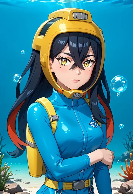 PokemonStyle, pokemon \(anime\), full body,solo female, score_9, score_8, score_7, score_6_up, source_anime, anime coloring, anime screencap, official art,
BREAK full body, 1girl, black hair, colored inner hair, crossed bangs, hair between eyes, hairband, long hair under helmet, mole, mole under eye, multicolored hair, red hair, sidelocks, two-tone hair, yellow eyes, floating hair, (blue wetsuit), long sleeves, bare legs, beautiful legs, barefoot,
BREAK
(pokemoncarmine wearing (snug fitting, face-sized(yellow diving helmet contoured to face))), (helmet overlapping chin, helmet overlapping cheeks, helmet overlapping jawline, helmet overlapping ears), shiny glass visor:0.5,
BREAK underwater, seafloor, rocks, sea-green background:0.25, sea-green overlay:0.55, seaweed, neck
BREAK blue background:0.25, bubbles, BREAK mask snugly on face, regulator, breathing tube, orange oxygen tank strapped to back, harness tightly on chest, belt, swimmingai, floating, bubbles, looking at viewer, diving, looking to side, aloof, closed mouth, vents on helmet, covered ears,