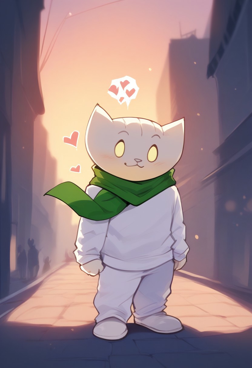 score_9, score_8_up, score_7_up , masterpiece, beautiful, 1 boy, solo
,TherisDoki, Cat Boy, furry, cute, chibi, cat ears, animal nose, o o,
, green scarf.
cat Boy, furry, cute, chibi, cat ears, animal nose, o o,
white long sleeves sweater, white pants, standing, hearts rain,  city backgorund, white colored city