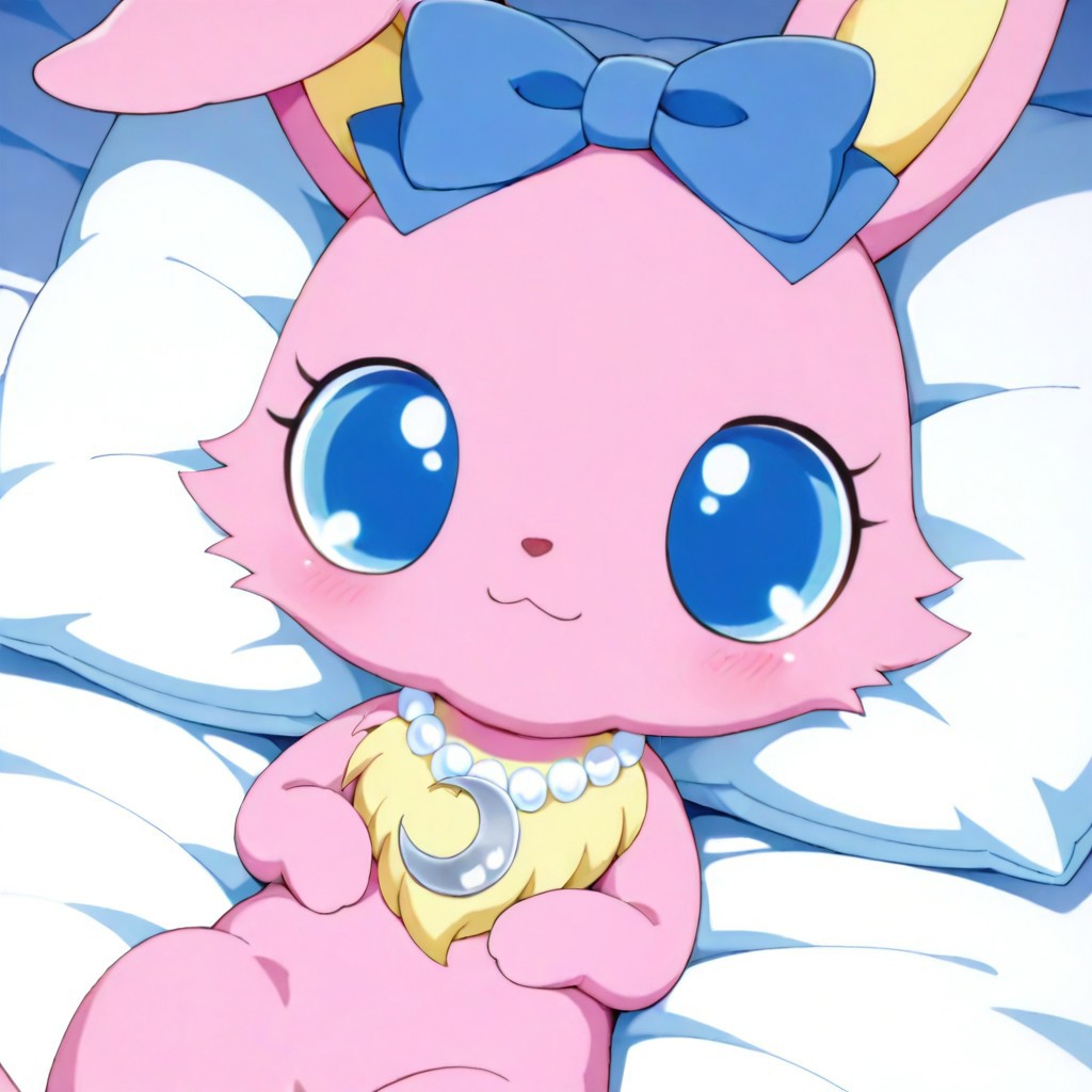 1 girl,luna (jewelpet),luna,jewelpet, furry, no human, pink fur,blue eyes, ((yellow chest tuft)),rabbit,jewelry,centered hair bow,necklace,neck white pearl necklace,neck blue crescent moon-shaped moonstone, on bed, lying, 
masterpiece, best quality, amazing quality
