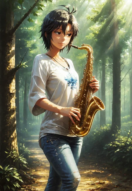 ruanyi0780, light rays, light, sunlight, sunbeam, overgrown, tree, <lora:0780 light rays_v1_pony:1>
score_9, score_8_up, score_7_up, 8k, 1girl, SH_S4X, forest, instrument, solo, solo focused, in good mood, serene, happy, Kikuchi Makoto is walking happily in jeans on forest path improvising saxophone tunes, playing instrument, <lora:Sheeps_Saxophone:0.8> <lora:1dkXLP:0.75> 1dk,
<lora:KikuchiMakoto_pony_v1:0.9> kkcmkt, detailed face, detailed eyes, (Kikuchi Makoto, full shot, full frame, boots:1.4), (short hair, black hair, antenna hair, hair between eyes, black eyes:1.6), flat chest, <lora:loraeyesxl:0.4> <lora:d4rk01lXLP:0.6> d4rk01l,