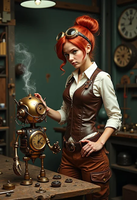 A young steampunk mechanic stands over a broken robot, deep in thought as she examines its complex gears and wires. She’s dressed in a leather vest with brass buckles, a white blouse with rolled-up sleeves, and sturdy work trousers. Her auburn hair is pulled back into a messy bun, with goggles resting on her forehead. Her green eyes, sharp and focused, study the robot’s exposed clockwork, trying to figure out how to fix it.
The robot, a blend of brass and copper, lies on the workbench, its mechanical parts scattered around. Steam rises from its body, filling the dimly lit workshop, which is cluttered with tools and spare parts. Despite the challenge, the mechanic’s expression shows determination, as if she's on the verge of solving the problem.