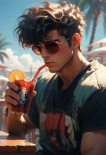 score_9, score_8_up, score_8_up, 1boy, bara, sunglasses, sipping a soda, retro futuristic, detailed