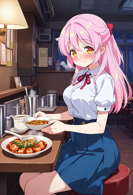 1girl, solo, mgyunishirakawa, pink hair, hair flaps, half updo, long hair, hair down, yellow eyes, white shirt, short sleeves, neck ribbon, medium breasts, blue skirt, indoors, restaurant, table, chair, lamp, counter, stool, spoon, plate, mapo tofu, smile, sweating, blush, steam, hot food, sitting, looking at viewer,