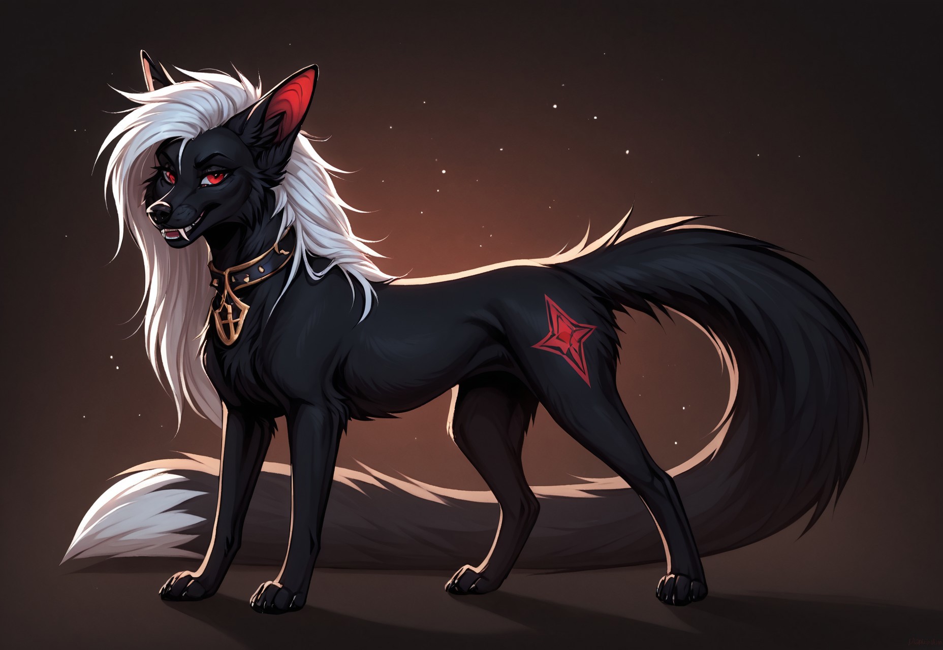 reallynxgirl_style, by Zackary911, by Kenket, by Kilinah, by fluff-kevlar, feral, mommy female white fennec fox, solo, long white hair, red eyes, fangs, full body, one big tail, dark background. dark priest with balck and red cloack, full body concept, realism
