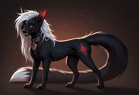 reallynxgirl_style, by Zackary911, by Kenket, by Kilinah, by fluff-kevlar, feral, mommy female white fennec fox, solo, long white hair, red eyes, fangs, full body, one big tail, dark background. dark priest with balck and red cloack, full body concept, realism