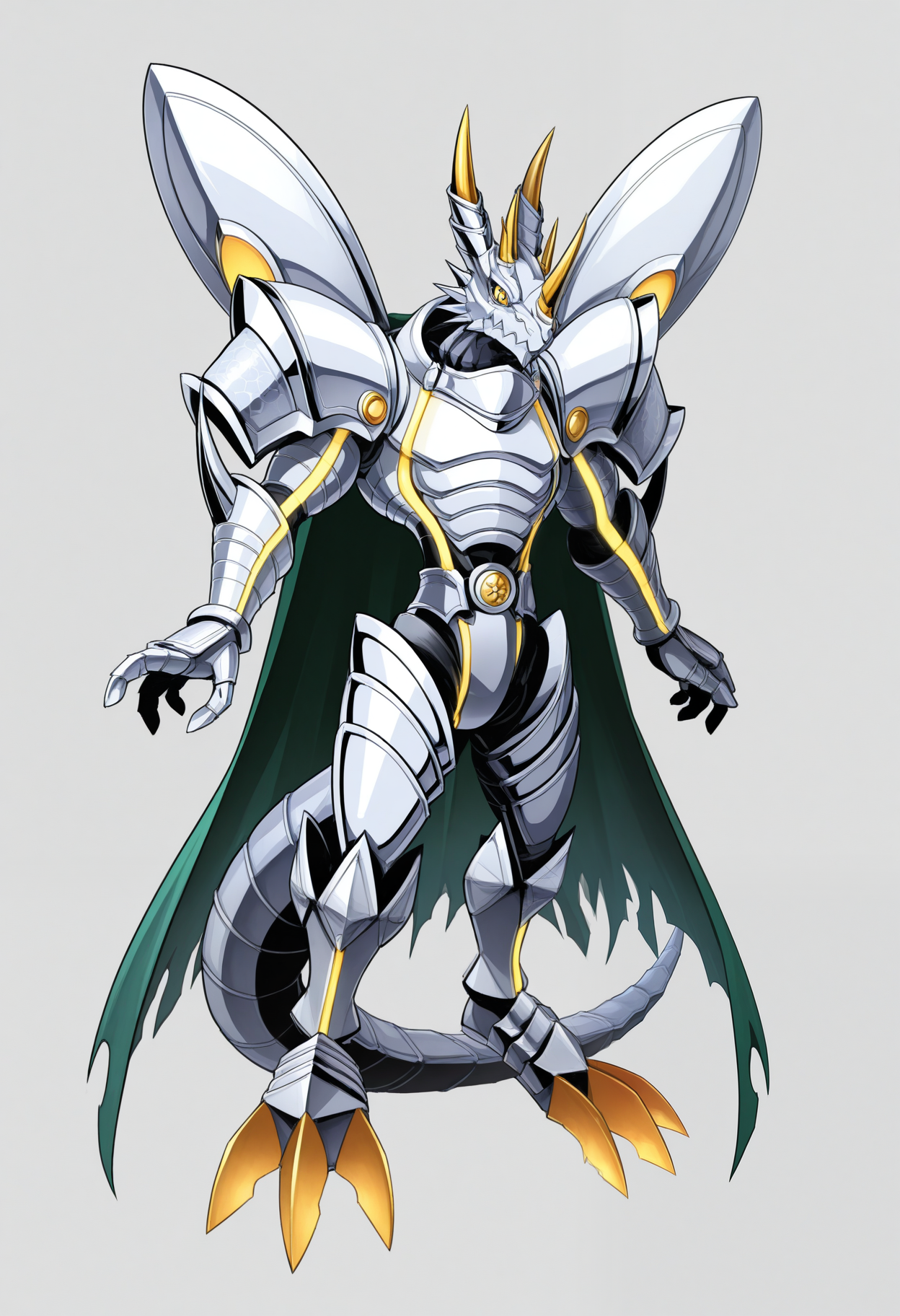 masterpiece,best quality,amazing quality, 1boy, solo, sl4y3r, digimon (creature), green cape, wings, tail, full body,