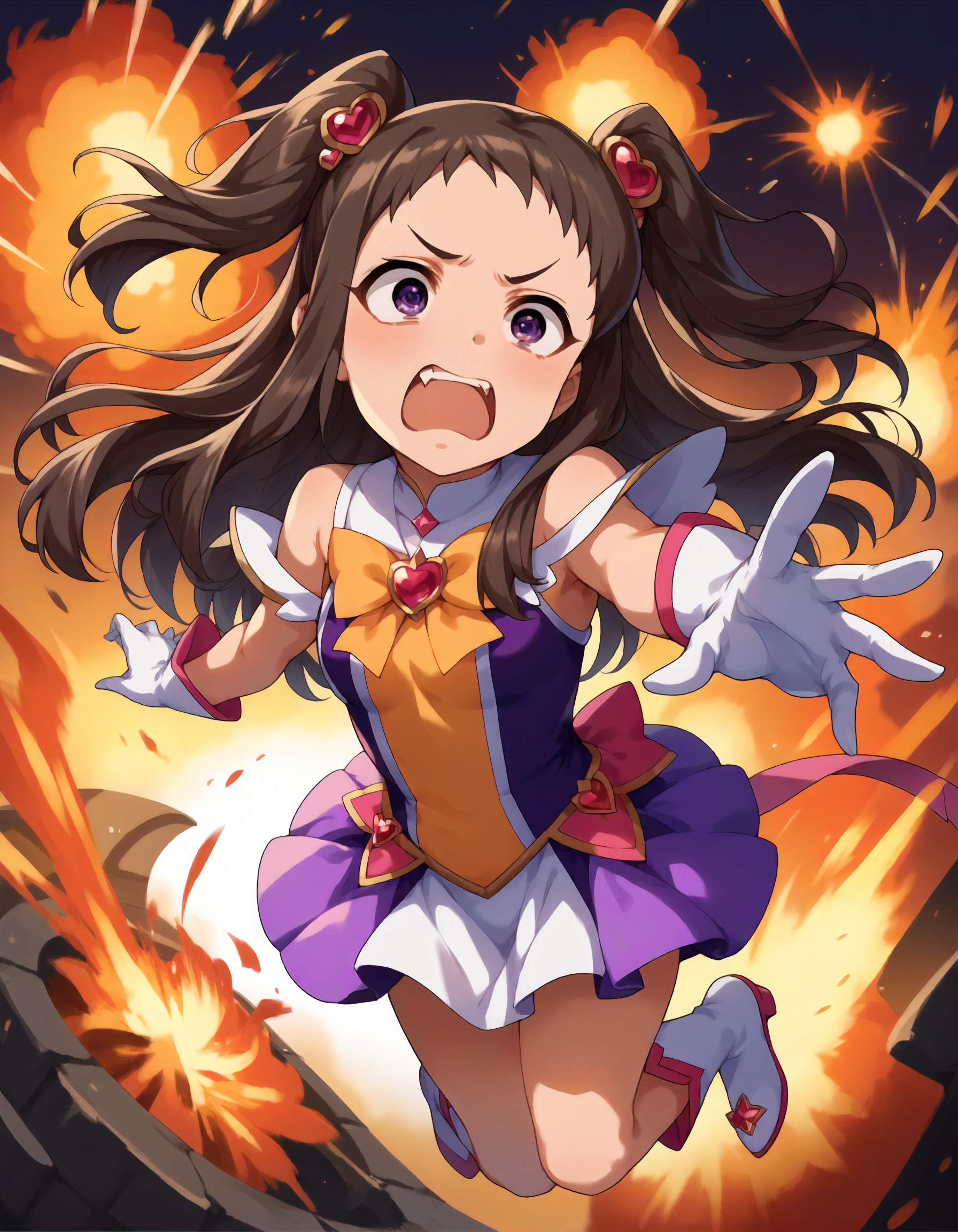 score_9,score_8_up,score_7_up,1girl,solo,jumping,open mouth,fang,flustered,wide-eyed,explosion background,dynamic angle,
<lora:kosekireina_ponyXLV6:0.8>,cgkri,
brown hair,long hair,two side up,short bangs,purple eyes,
magical girl,white gloves