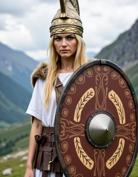 Dacian a woman with a falx and a white shirt is standing in front of a mountain. Woman wear a dacian hat and hold a dacian decorated ovel shield. <lora:DaciiV6:1>
