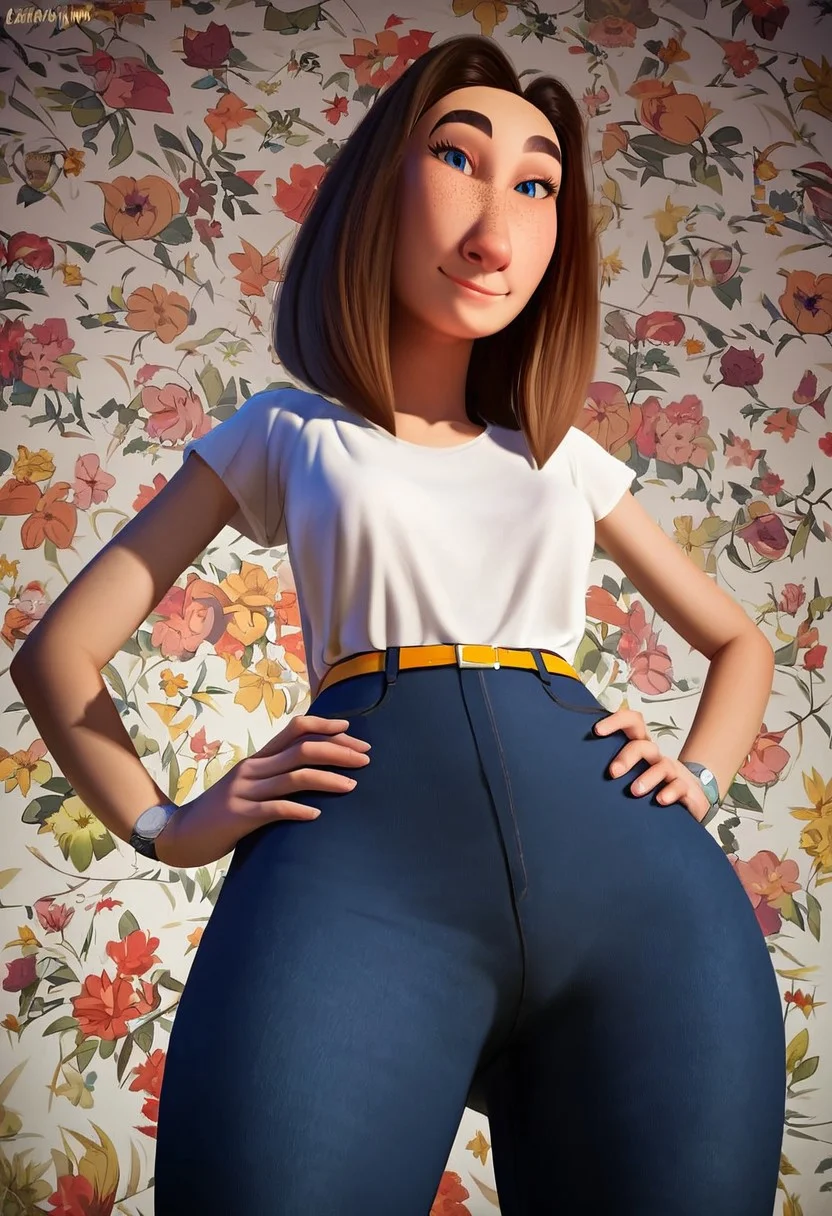 sarah (meetmyfamily), 1girl, long face, blue eyes, thick eyebrows, freckles, brown hair, medium hair, bob cut, white tucked in shirt, short sleeves, yellow belt, tight blue jeans, black high-heels, grey wristwatch, curvy, wide hips, thick thighs, score_8_up, score_7_up, BREAK, 1girl, solo, looking at viewer, cute, smirk, from below, hands on hips, head tilt, female focus, looking at viewer, detailed background, 4k, masterpiece, best quality, highly detailed, realistic, low-angle shot, realistic, 3d,