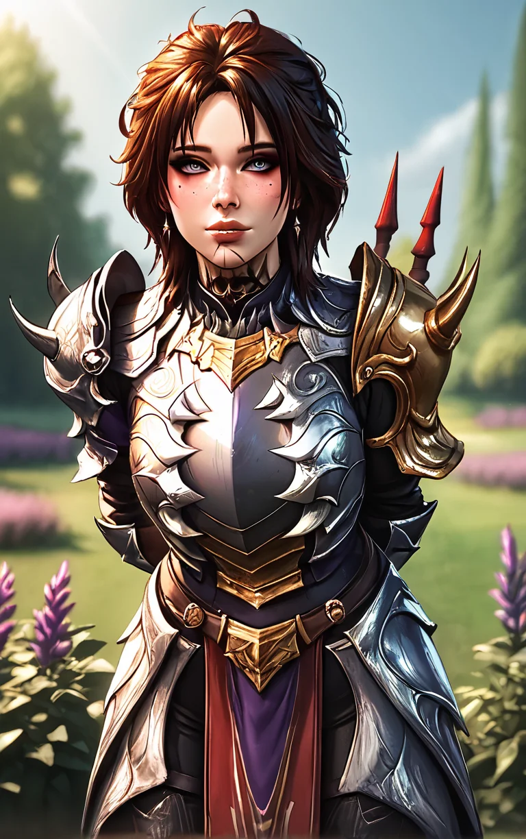 score_9, score_8_up, score_7_up, masterpiece, best quality, absurdres, solo, BREAK
GoldArmor_Evelyn_ownwaifu,
1girl, black hair, eyelashes, eyeliner, eyeshadow under eye, facial mark, grey eyes, lips, makeup, messy hair, neck tattoo, nose, pale skin, red eyeshadow, short hair, tattoo, brown hair, earrings, jewelry, bangs, freckles,
gold armor, ornate armor, single pauldron, shoulder armor, pauldrons, breastplate, spikes, armor, gauntlets, full armor, gem,
(leaning forward, arms behind back), cowboy shot, garden, wisteria, outdoors, <lora:PONYXL_BaldurGate3_Evelyn_ownwaifu:0.85> , depth of field