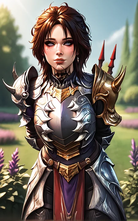 score_9, score_8_up, score_7_up, masterpiece, best quality, absurdres, solo, BREAK
GoldArmor_Evelyn_ownwaifu,
1girl, black hair, eyelashes, eyeliner, eyeshadow under eye, facial mark, grey eyes, lips, makeup, messy hair, neck tattoo, nose, pale skin, red eyeshadow, short hair, tattoo, brown hair, earrings, jewelry, bangs, freckles,
gold armor, ornate armor, single pauldron, shoulder armor, pauldrons, breastplate, spikes, armor, gauntlets, full armor, gem,
(leaning forward, arms behind back), cowboy shot, garden, wisteria, outdoors, <lora:PONYXL_BaldurGate3_Evelyn_ownwaifu:0.85> , depth of field