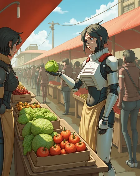 KLBR Replika stands behind a wooden stall at a crowded open-air market, surrounded by crates of fresh vegetables under fluttering awnings. Action: she holds out a perfect head of cabbage to a curious customer, her white bio-metallic armor partially covered by a dirt-streaked apron. Style: rustic slice-of-life anime scene with warm sunlight and painterly brushwork. 
 <lora:KLBR replika Flux D:1.05>