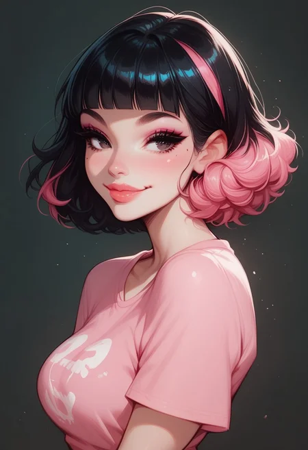 score_9, score_8_up, score_7_up, score_6_up, 1girl, Sarah, SarahRH, short black hair, bob cut, straight hair, blunt bangs, dyed bangs (pink), (pink) streaked hair, dark eyes, cute face, beautiful lips, medium breasts, curvy, large hips, pale skin, mole under her eye, moles on her body, pinup pose, pink t-shirt, sexy look, parted lips, black background, portrait, smiling , closed mouth, k33n3r, cowboy shot, dramatic light, side view
