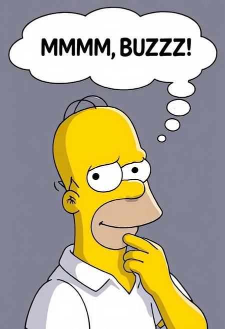 Smiling dreaming Homer Simpson, comic bubble "Mmmmm, Buzzzz"