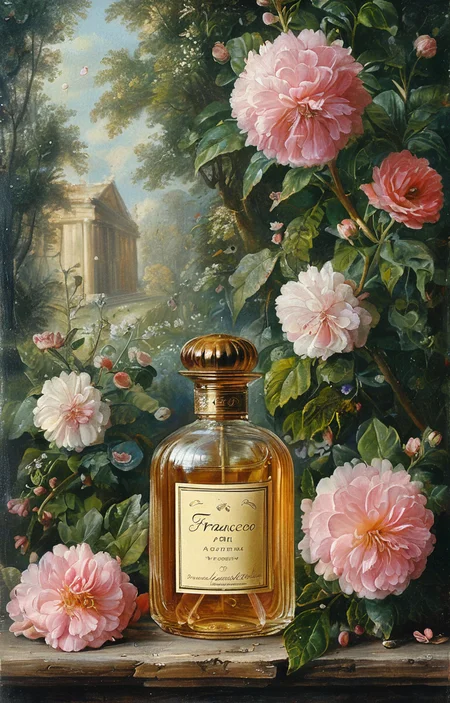 masterpiece,best quality,<lora:tbh206-sdxl:0.9>,illustration,style of Francesco Albani A bottle of perfume in garden