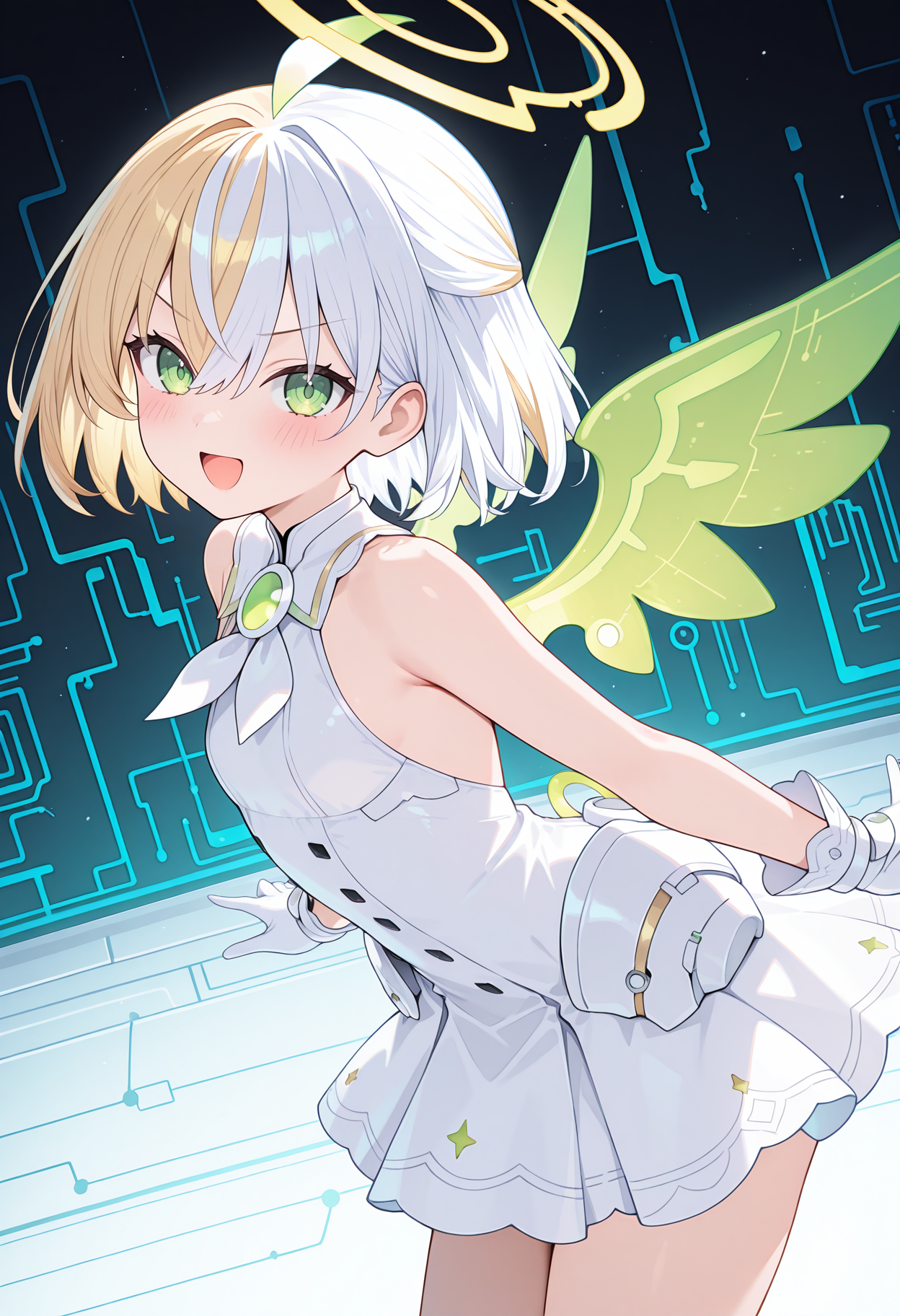 highres, best quality, masterpiece, circuit board, 
1girl, solo
npipcpu, two-tone hair, hair between eyes, blonde hair, white hair, green eyes, white dress, halo, white ribbon, sleeveless dress, white gloves, green wings,
looking at viewer, blush,
v-shaped eyebrows, 
from side, leaning forward, standing, spread arms, smile, open mouth, 
<lora:_pippih_nep-elesico-ilxl-000012:1>