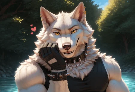 score_9, score_8_up, score_7_up, score_6_up, 1anthro, 1human, male, , furry, detailed fur, anthro, eyes, , perfect face, detailed eyes, perfect eyes, sexy, sexy boy, beautiful eyes, perfect cute face, petite body, face focus, low angle, close up, looking at viewer, face focus, outdoors, detailed lighting, detailed background,
smug expression, floating hearts, eye focus, smug, pleased, mischievous, smirk, seductive pose, outdoors, park, river, flirty, flirting with viewer, posing, dynamic pose, posing for viewer, seductive, upper body, portrait,
bedroom eyes, detailed eyes, perfect eyes, beautiful eyes, , detailed fur, tail, yellow eyes, realistic fur, , solo, 1 boy, young, (((handsome, detailed face and eyes))), wolf, white wolf, solo, white detailed fluffy fur , realistic yellow eyes, neck fluff, yellow eyes, extremely detailed eyes, wolf, bara, muscular, toned , Haruki, anthro wolf, Haruki_Koizumi, sexy, black tank top with red stripes, black armband on upper left arm, finger-less glove on hands, spiked bracelet on left wrist, black spiked collar on neck, gold piercings on left ear, jewelry, black clothing, black belt, wolf tail, bottomless, shirt, gloves, jewelry, ass focus, earrings, sleeveless, belt, gloves, collar, bracelet, chain, piercing, spikes, spiked collar, anthro wolf hands, claws, detailed anthro hands, detailed fluffy fur, white fur, <lora:Haruki_Koizumi_-_Tennis_Ace:0.4>
tail, uncensored,
<lora:princess_xl_v1:1> <lora:Expressive_H:0.65> <lora:g0th1cPXL:0.45> <lora:incase-ilff-v3-4:0.3>, canine mouth, sharp teeth,
<lora:CleanDetailed_Eyes:0.25> <lora:Better_caninefeline_mouth:0.2>