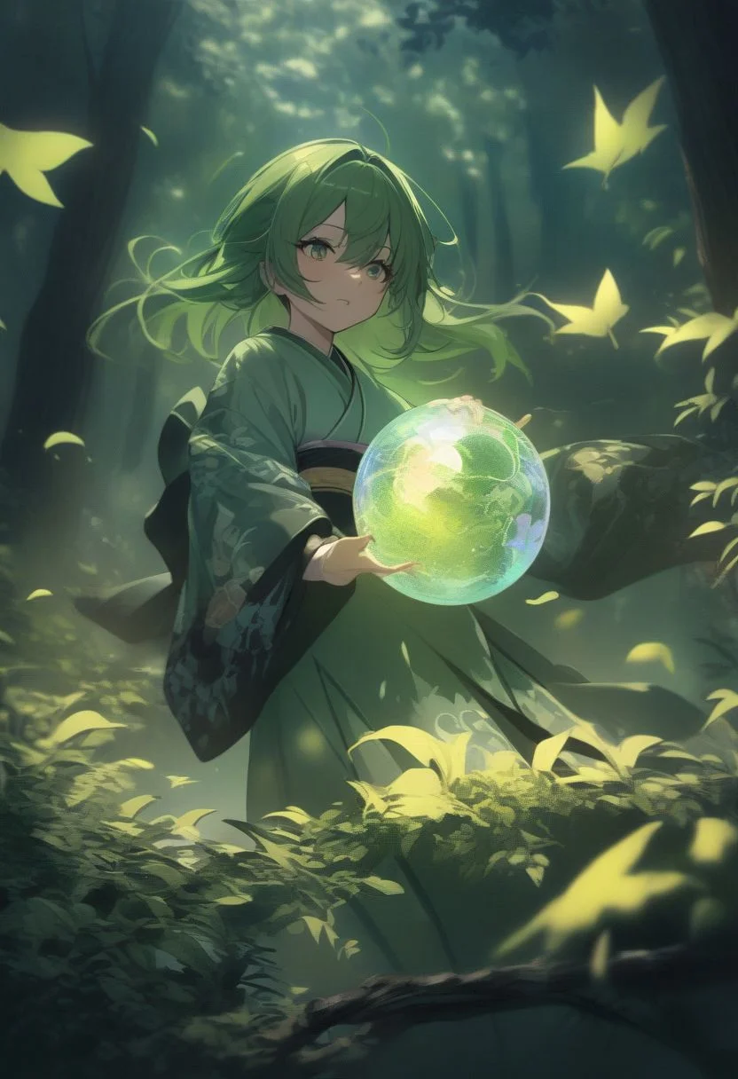 1woman, long and green hair, lively expression, kimono, leaf, and tree pattern, 4spheres floating around her (fire sphere, wind sphere ,water sphere, earht sphere),in a forest,masterpiece, best quality, very aesthetic, absurdres,intricate details