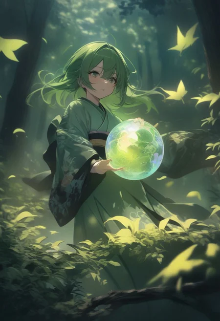 1woman, long and green hair, lively expression, kimono, leaf, and tree pattern, 4spheres floating around her (fire sphere, wind sphere ,water sphere, earht sphere),in a forest,masterpiece, best quality, very aesthetic, absurdres,intricate details